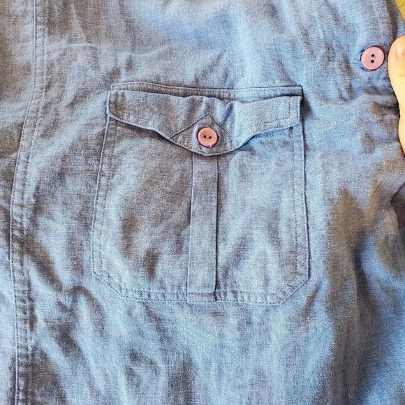 Vintage 90s Blue Linen Pinafore Dress Periwinkle Patch Pockets Knee Length M/L - Picture 5 of 8